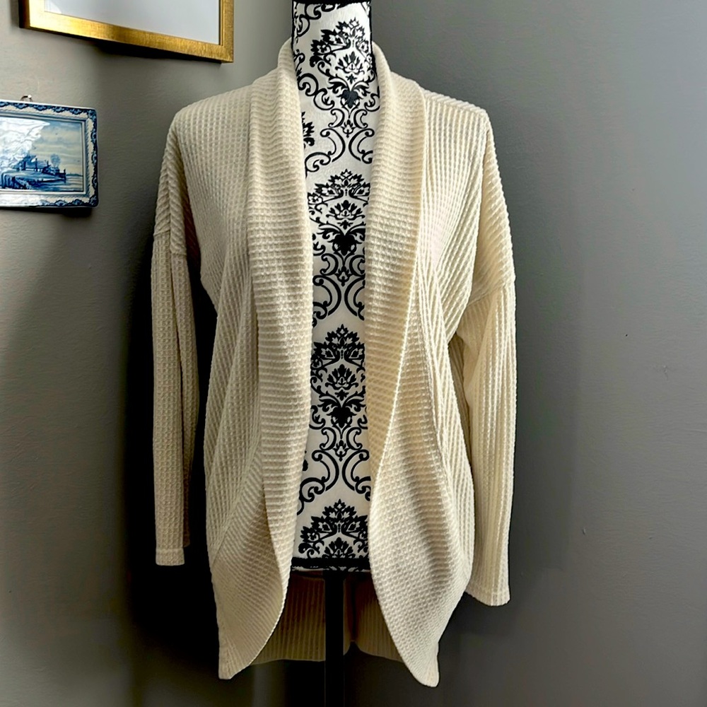 Cream waffle open long cardigan